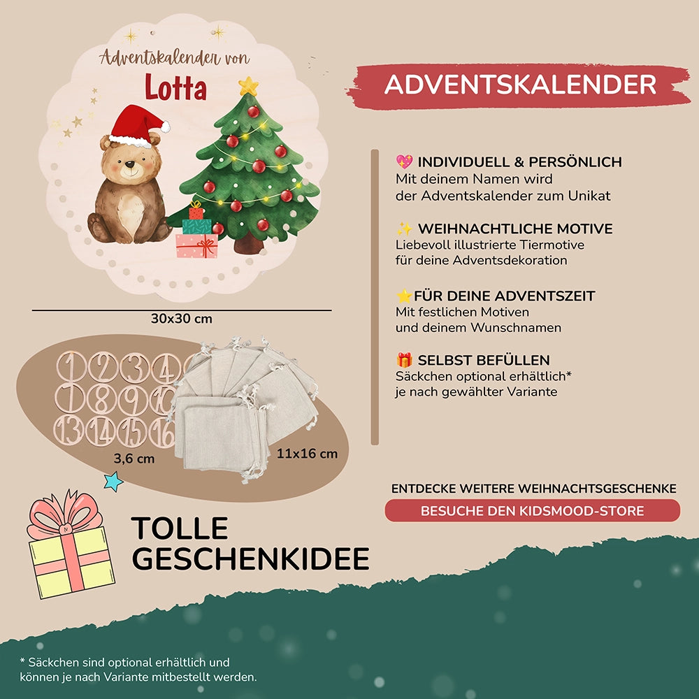 Personalisierter runder Adventskalender Kinder aus Holz - Weihnachtsbär