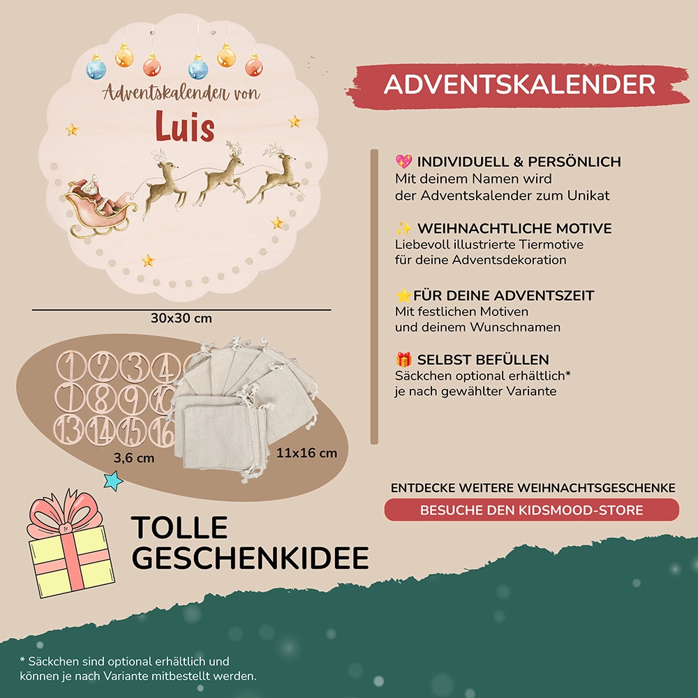 Personalisierter runder Adventskalender Kinder aus Holz - Rentiere
