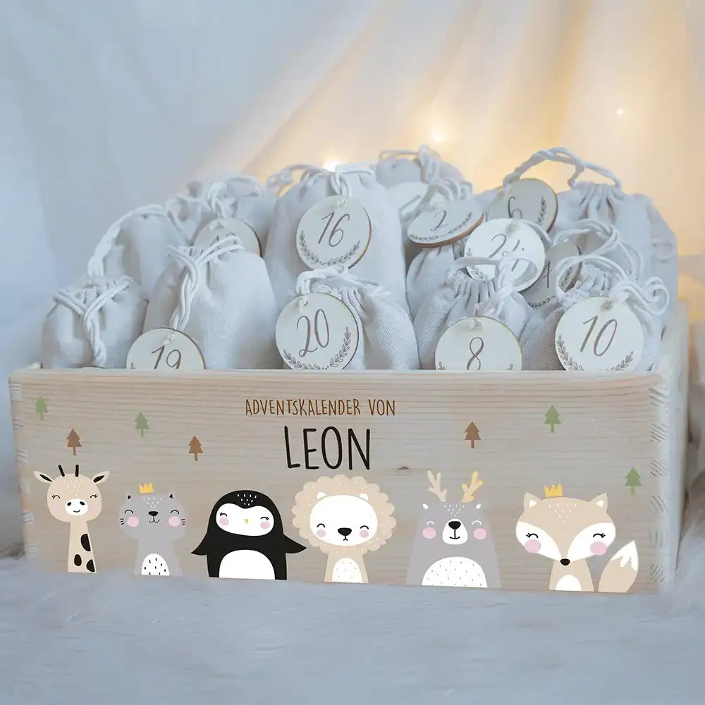 Personalisierte Adventskiste zum Befüllen - Winter Tierfamilie