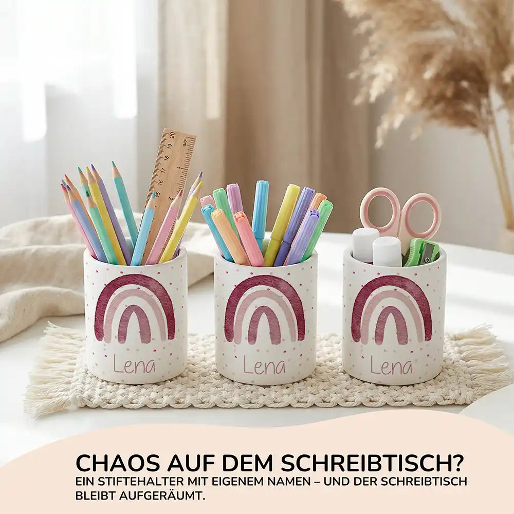 Personalisierter Stiftehalter Regenbogen Rosa aus Keramik - Wunschname - Kidsmood.de