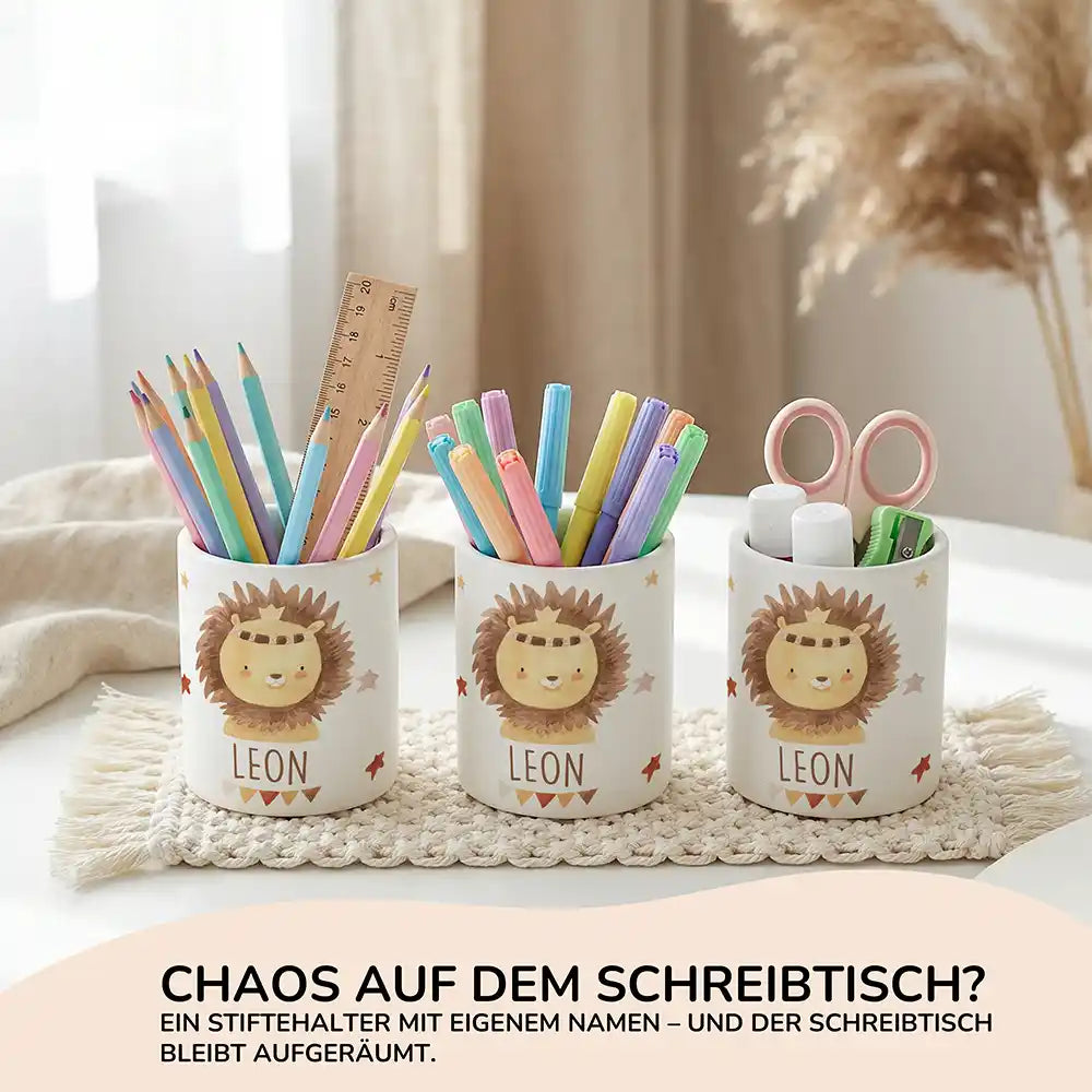 Personalisierter Stiftehalter Löwe Boho aus Keramik - Wunschname - Kidsmood.de