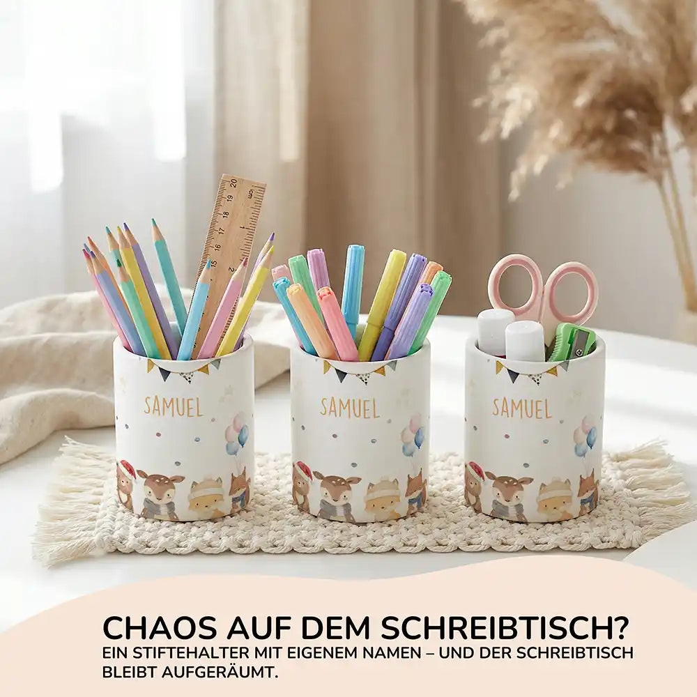Personalisierter Stiftehalter Waldtiere Geburtstag aus Keramik - Wunschname - Kidsmood.de