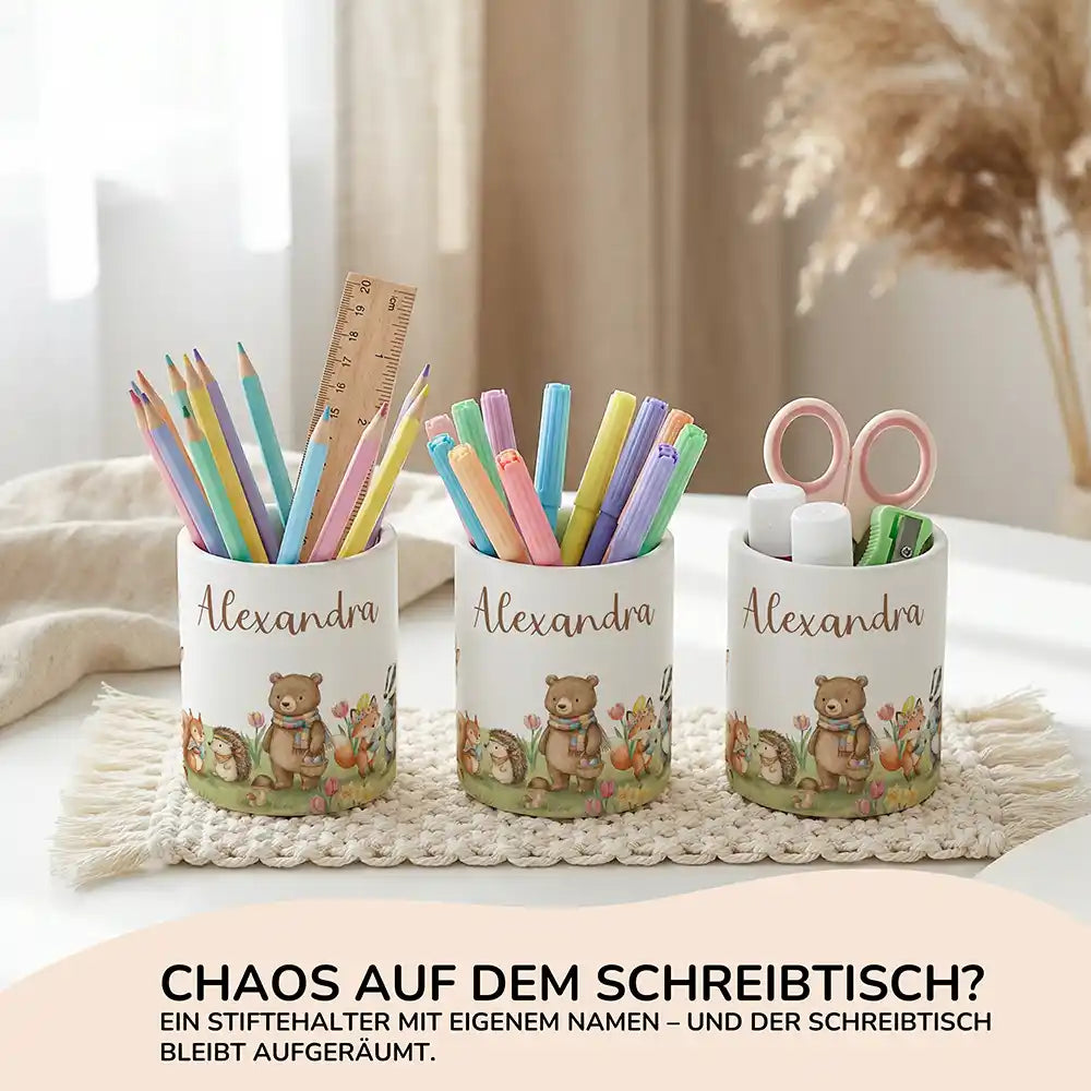 Personalisierter Stiftehalter Herbst-Waldtiere aus Keramik - Wunschname - Kidsmood.de