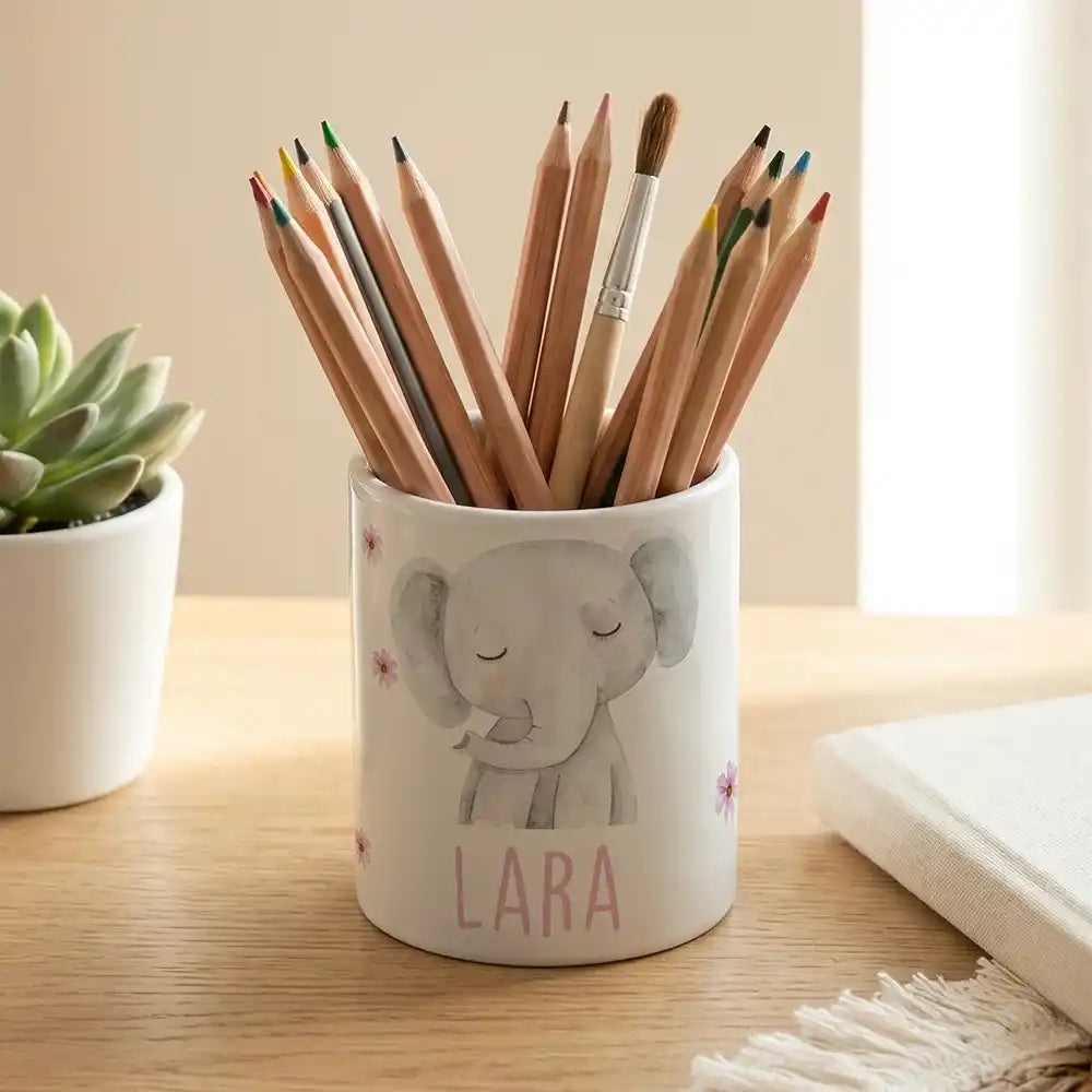Personalisierter Stiftehalter Elefant Blumen - Keramik weiĂ-matt - Detailansicht