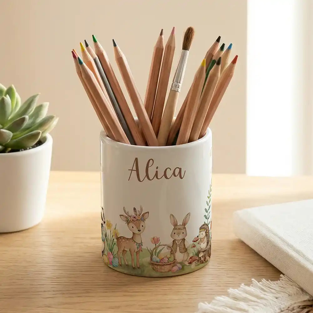 Personalisierter Stiftehalter Ostern Waldtiere-Treff - Keramik weiß-matt - Detailansicht