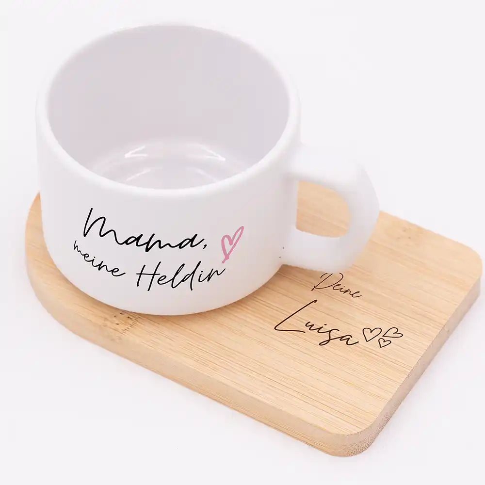 Muttertagsgeschenk Keramikbecher Mama meine Heldin â matter Keramikbecher personalisiert mit Bambus-Untersetzer Gravur