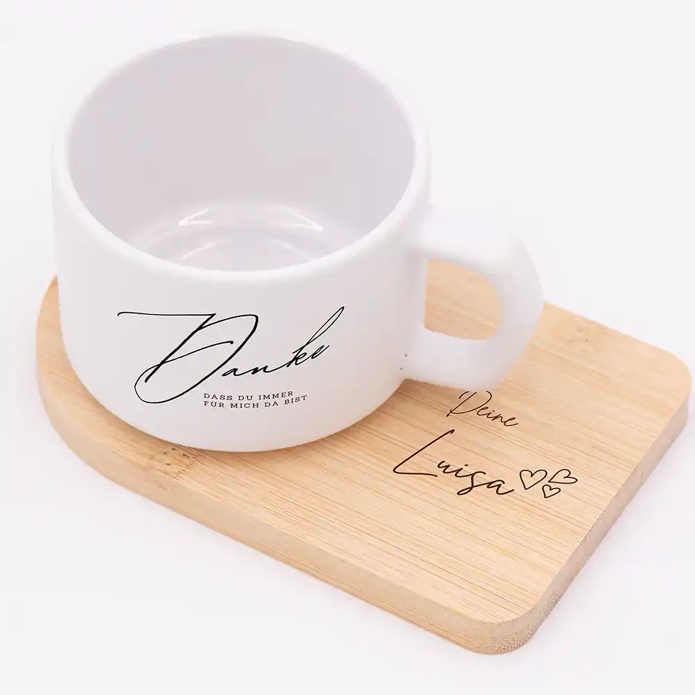 Muttertagsgeschenk Keramikbecher Danke â immer fĂŒr mich da â matter Keramikbecher personalisiert mit Bambus-Untersetzer Gravur