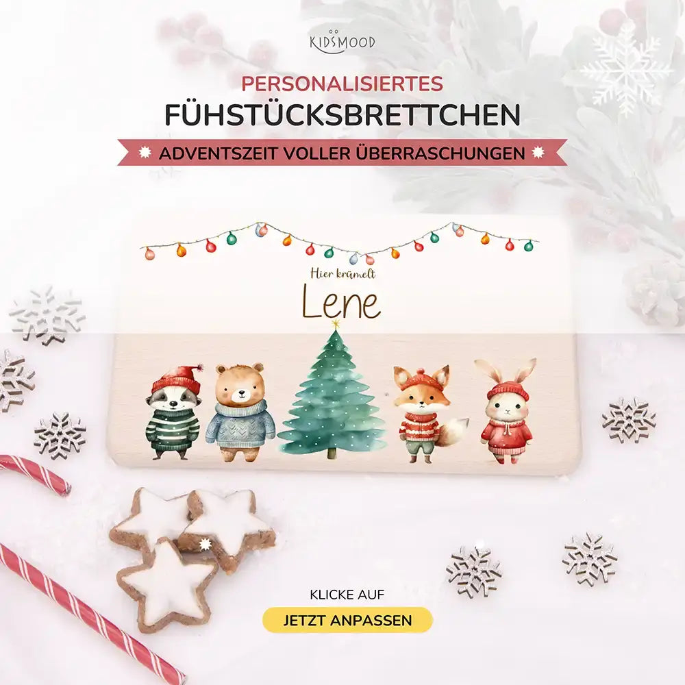 Weihnachts-Set Frühstücksbrettchen + Emaille Tasse - Winterfamilie
