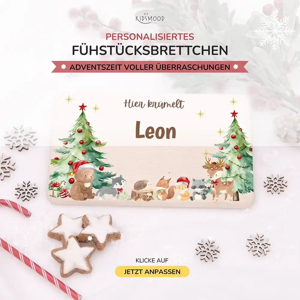 Weihnachts-Set Frühstücksbrettchen und Emaille Tasse - Niedliche Waldtiere