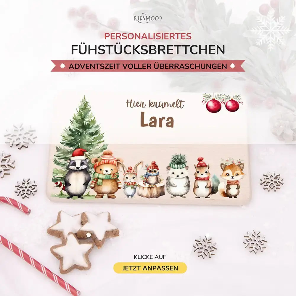 Weihnachts-Set Frühstücksbrettchen und Emaille Tasse - Niedliche Waldfreunde