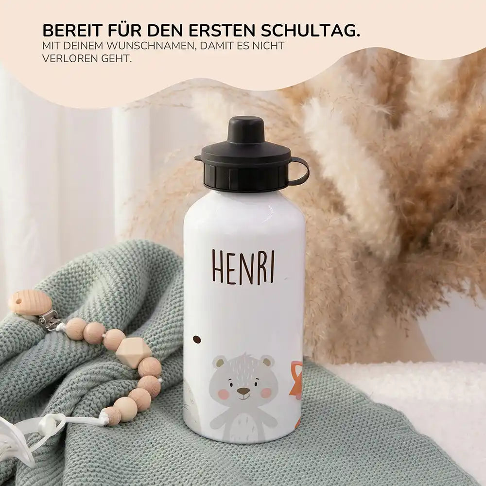 Personalisierte Trinkflasche Kinder BĂ€r & Fuchs â 2in1 zur Einschulung