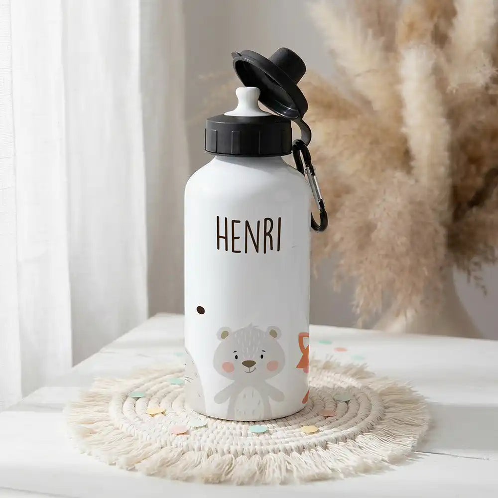 Personalisierte Trinkflasche Kinder BĂ€r & Fuchs â Alu 500 ml Hauptbild mit Wunschname
