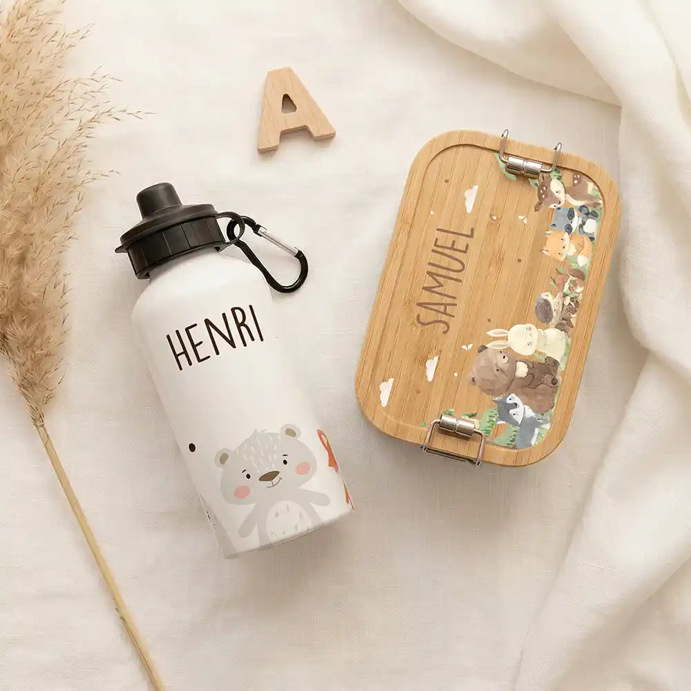 Personalisierte Trinkflasche Kinder BĂ€r & Fuchs â Geschenk zur Einschulung & Taufe