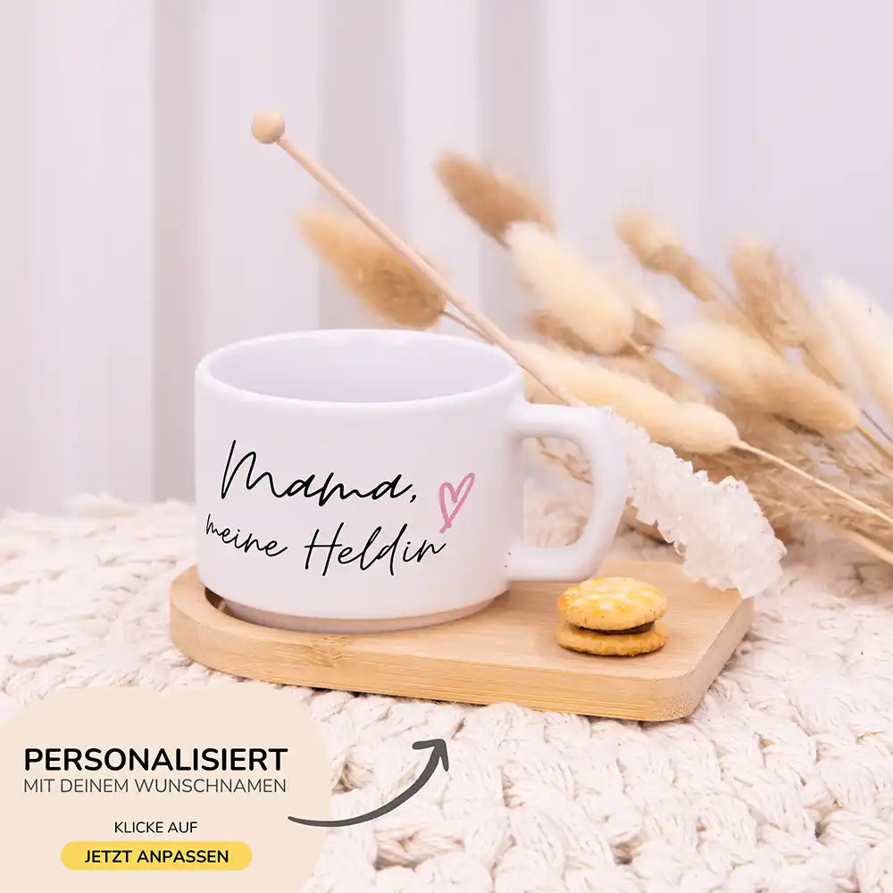 Muttertagsgeschenk Tasse Mama meine Heldin â Wunschnamen-Gravur auf Bambus