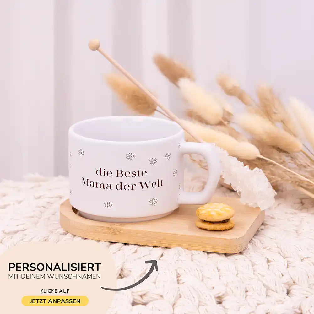 Muttertagsgeschenk Tasse Beste Mama Blümchen – Wunschnamen-Gravur auf Bambus