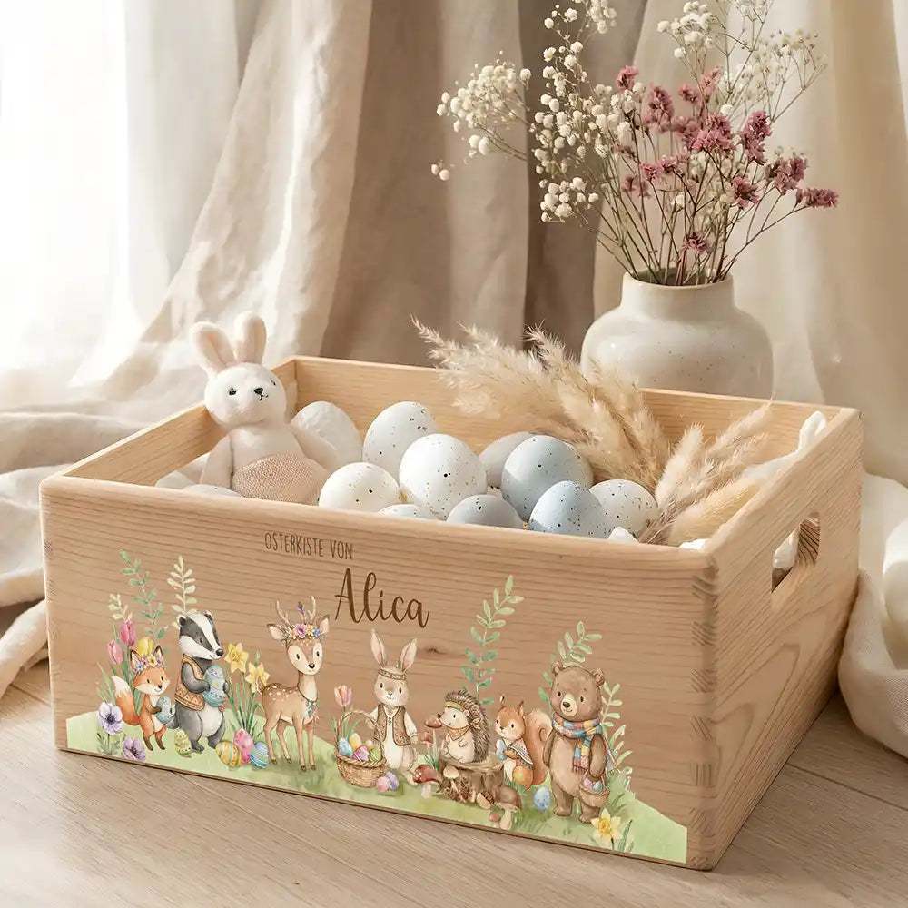 Osterkiste Holz personalisiert - Tiere im Waldglück
