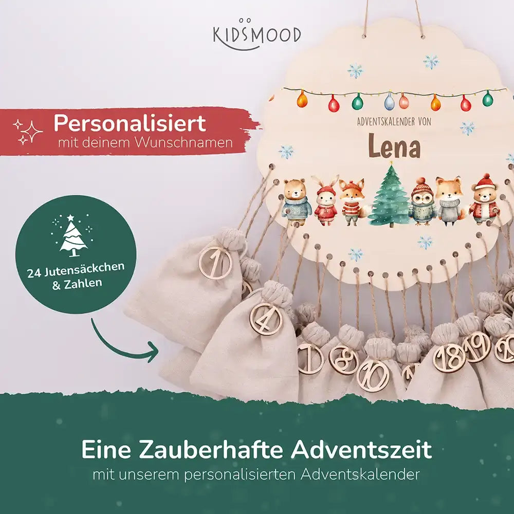 Personalisierter runder Adventskalender Kinder aus Holz - Niedliche Waldfreunde