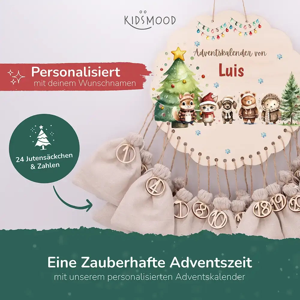 Personalisierter runder Adventskalender Kinder aus Holz - Winterwaldtiere