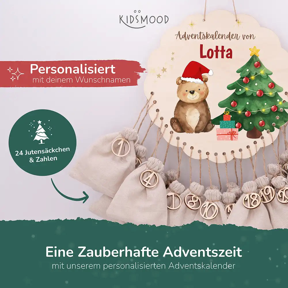 Personalisierter runder Adventskalender Kinder aus Holz - WeihnachtsbÀr