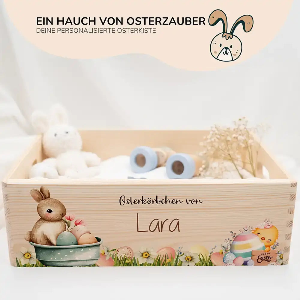 Osterkiste Holz personalisiert - Häschen im Blumenbad