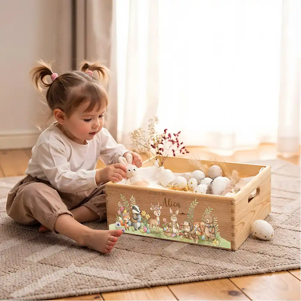 Osterkiste Holz personalisiert - Tiere im Waldglück