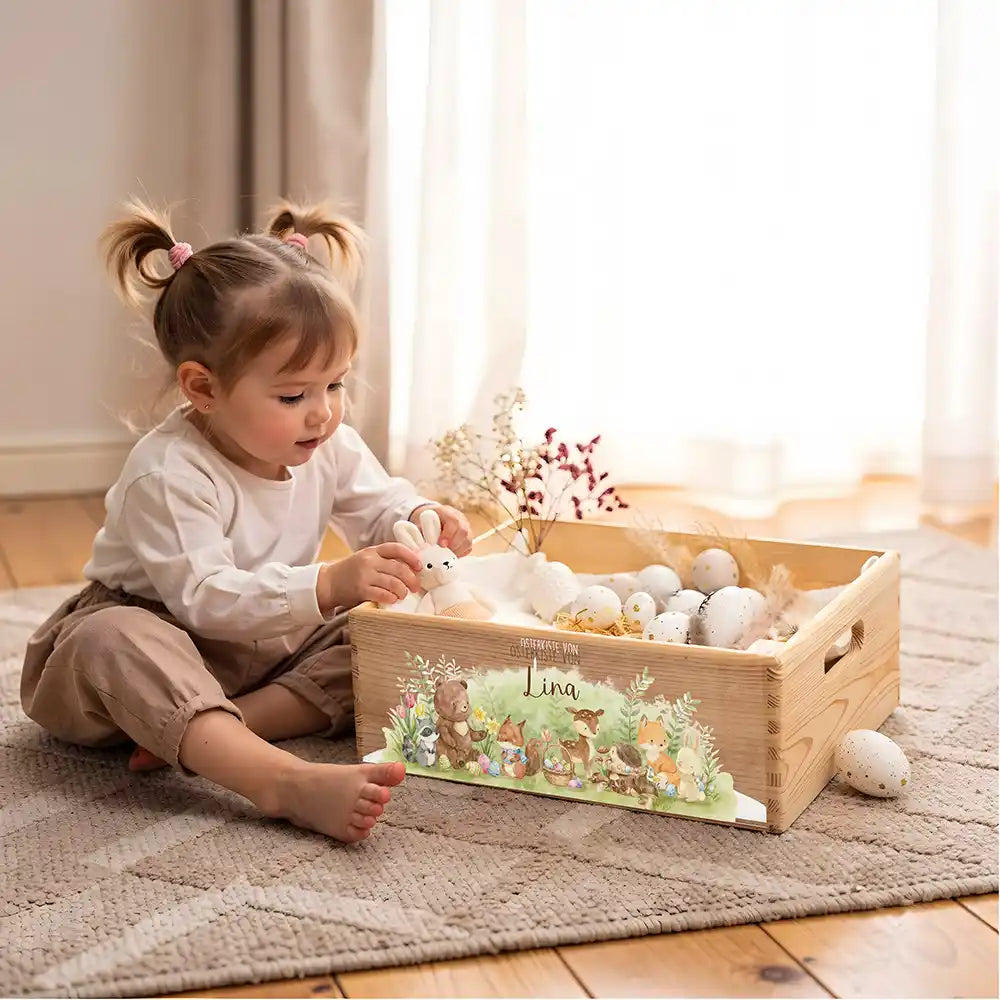 Osterkiste Holz personalisiert - Waldfamilie