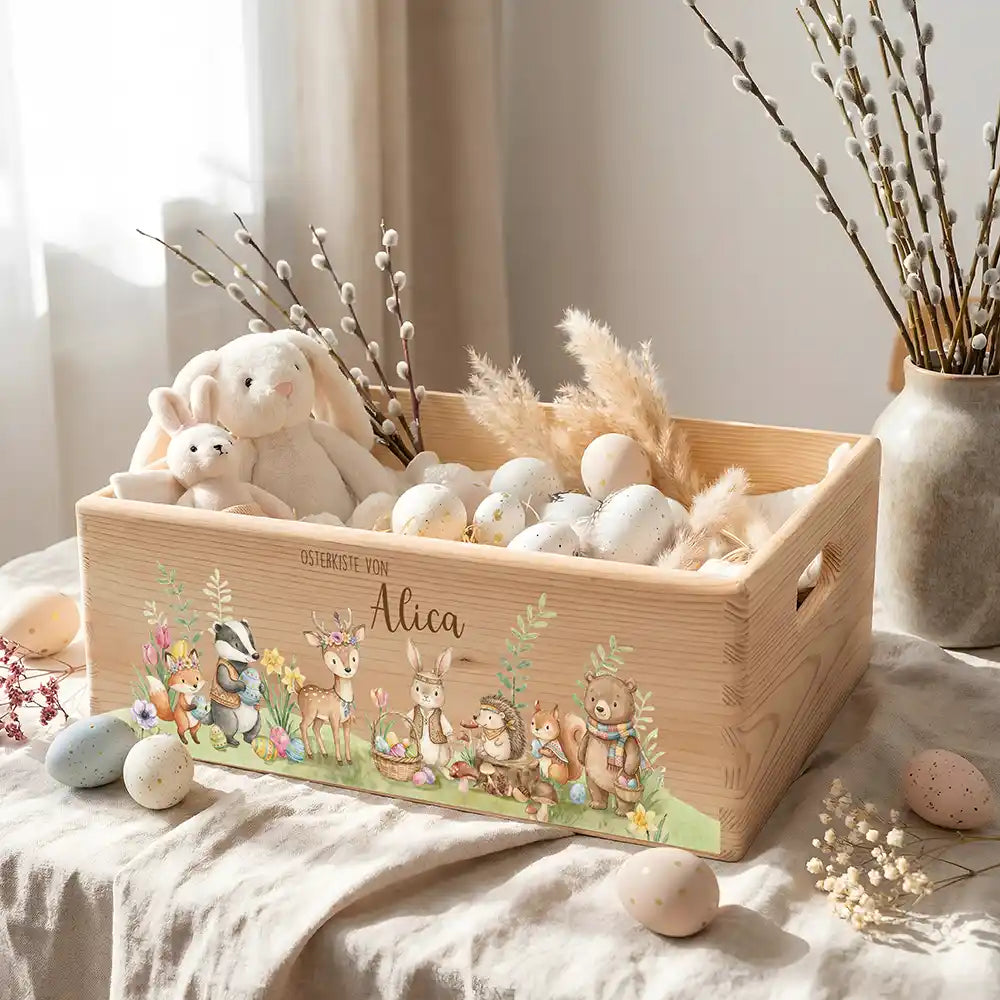 Osterkiste Holz personalisiert - Tiere im Waldglück