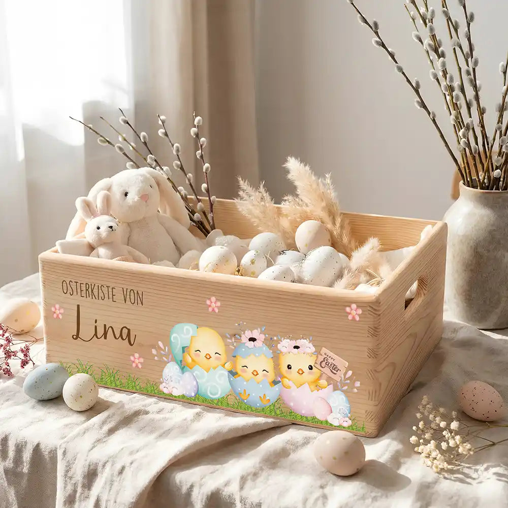 Osterkiste Holz personalisiert - Kükenfamilie