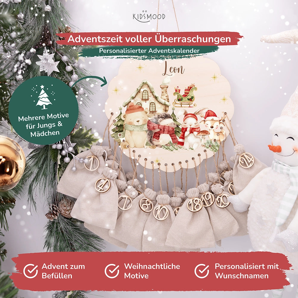 Personalisierter runder Adventskalender Kinder aus Holz - Waldtiere im Winterzauber