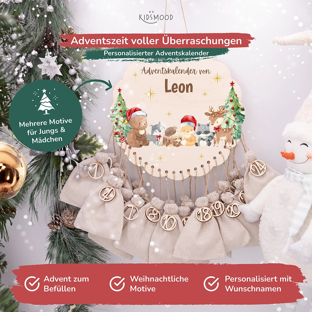Personalisierter runder Adventskalender Kinder aus Holz - Winterwunderland