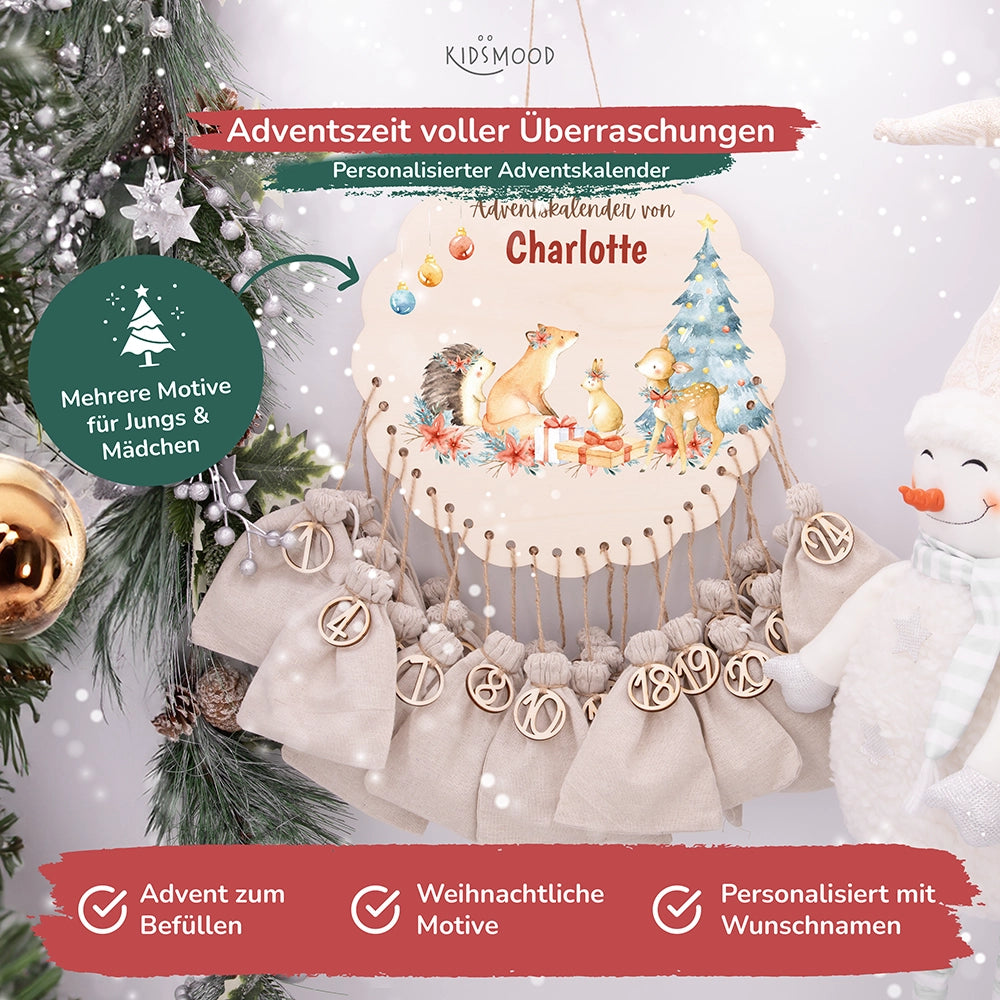 Personalisierter runder Adventskalender Kinder aus Holz - Winterwaldtiere