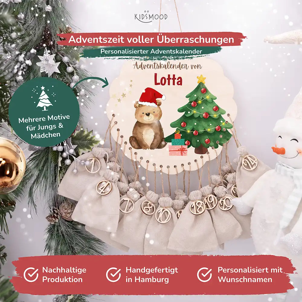 Personalisierter runder Adventskalender Kinder aus Holz - WeihnachtsbÀr