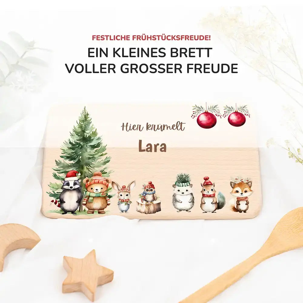 Weihnachts-Set Frühstücksbrettchen + Emaille Tasse - Waldfreunde-Picknick Motiv