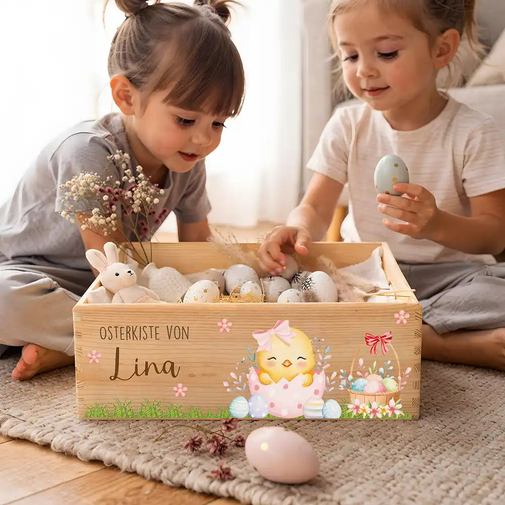 Osterkiste Holz personalisiert - Frühlingsküken