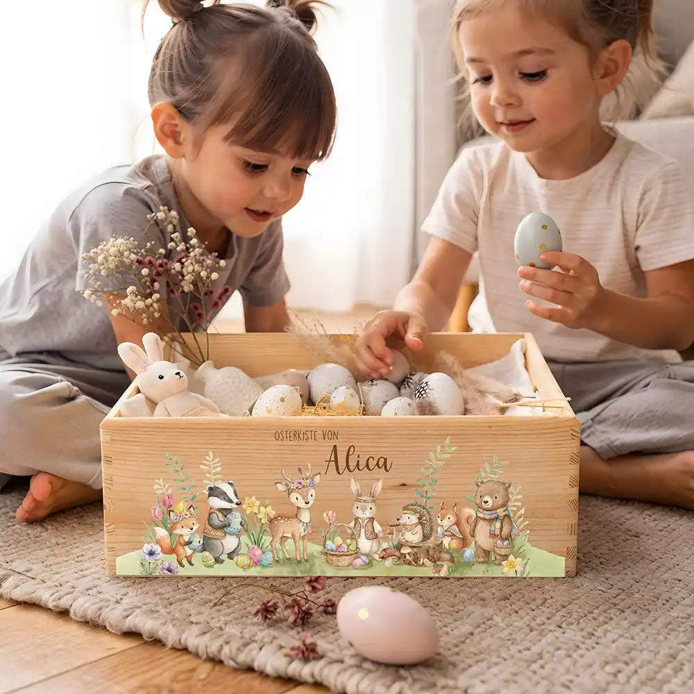 Osterkiste Holz personalisiert - Tiere im Waldglück