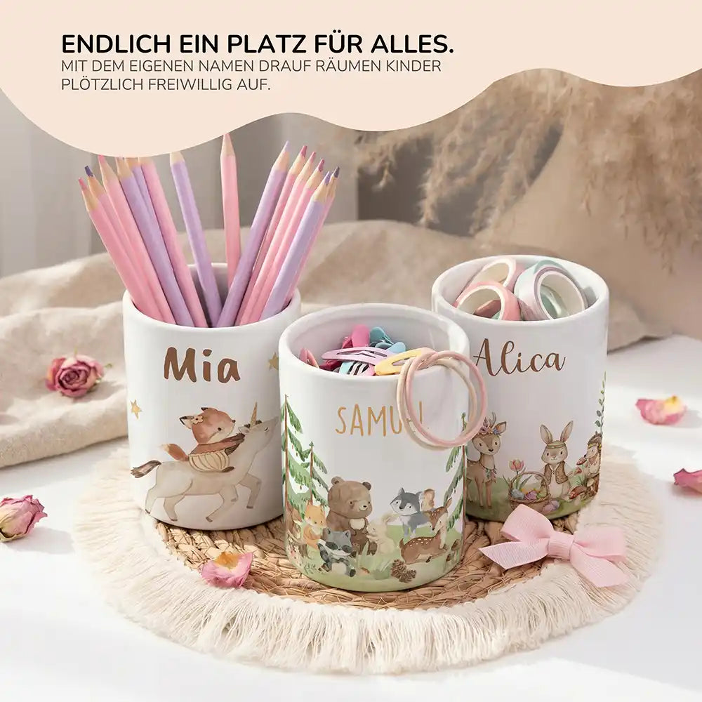 Personalisierter Stiftehalter Waldfreunde II - personalisiertes Geschenk mit Wunschnamen