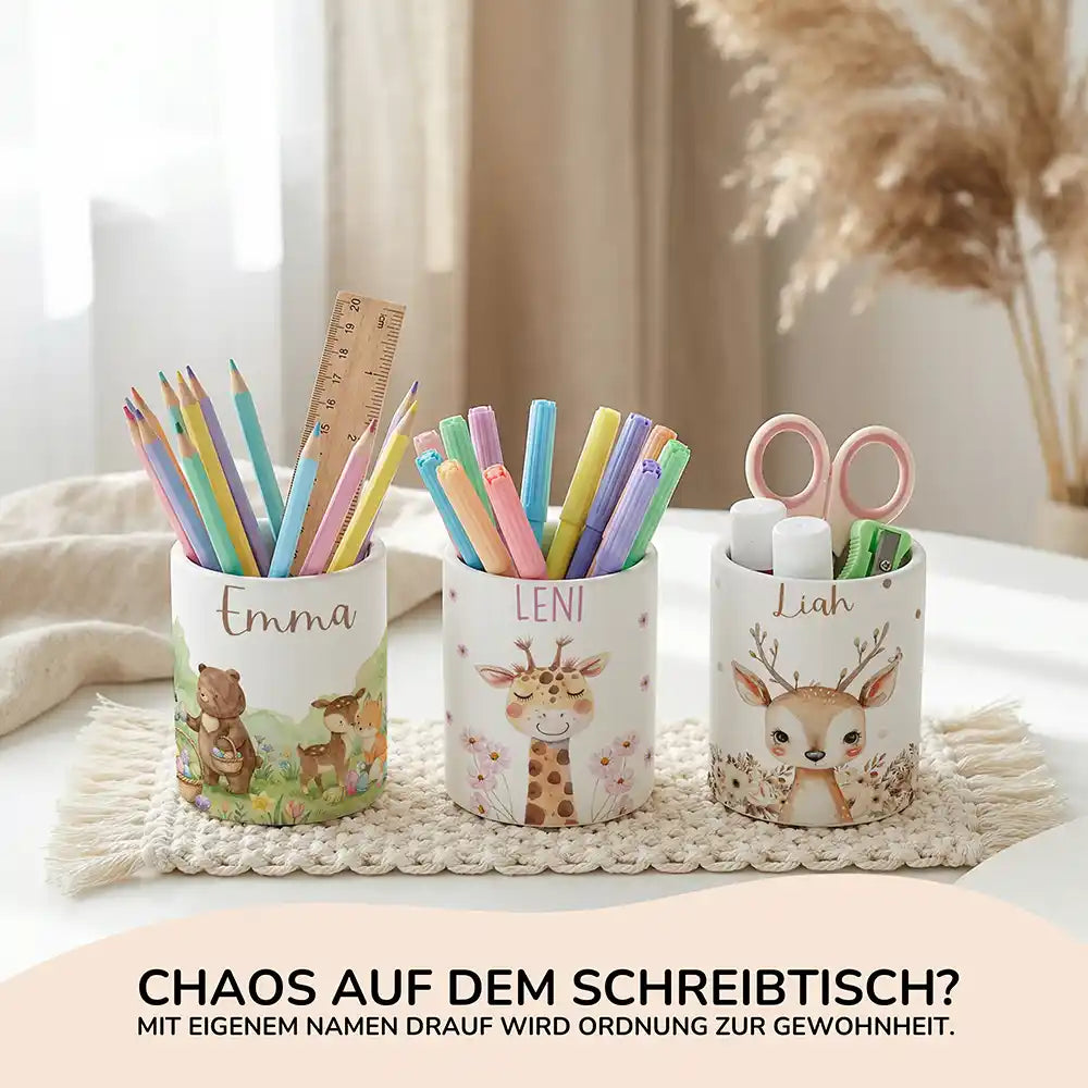 Personalisierte Spardose Giraffe Blumen – Keramik & Bambus mit Wunschname