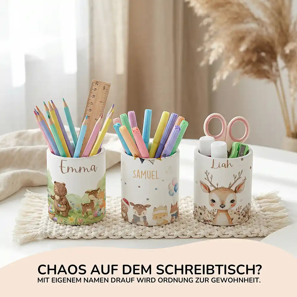 Personalisierte Spardose Waldtiere Geburtstag – Keramik & Bambus mit Wunschname