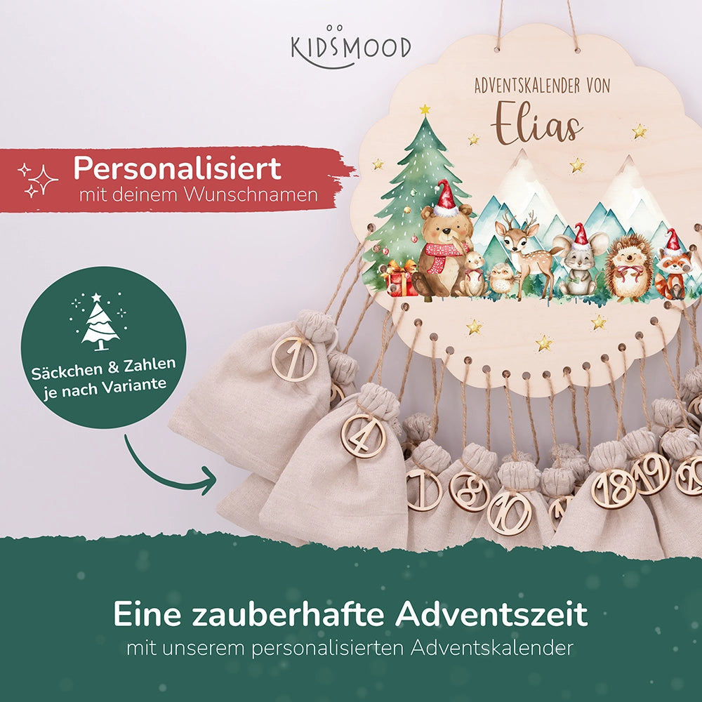 Personalisierter runder Adventskalender Kinder aus Holz - Winterwald & seine Bewohner
