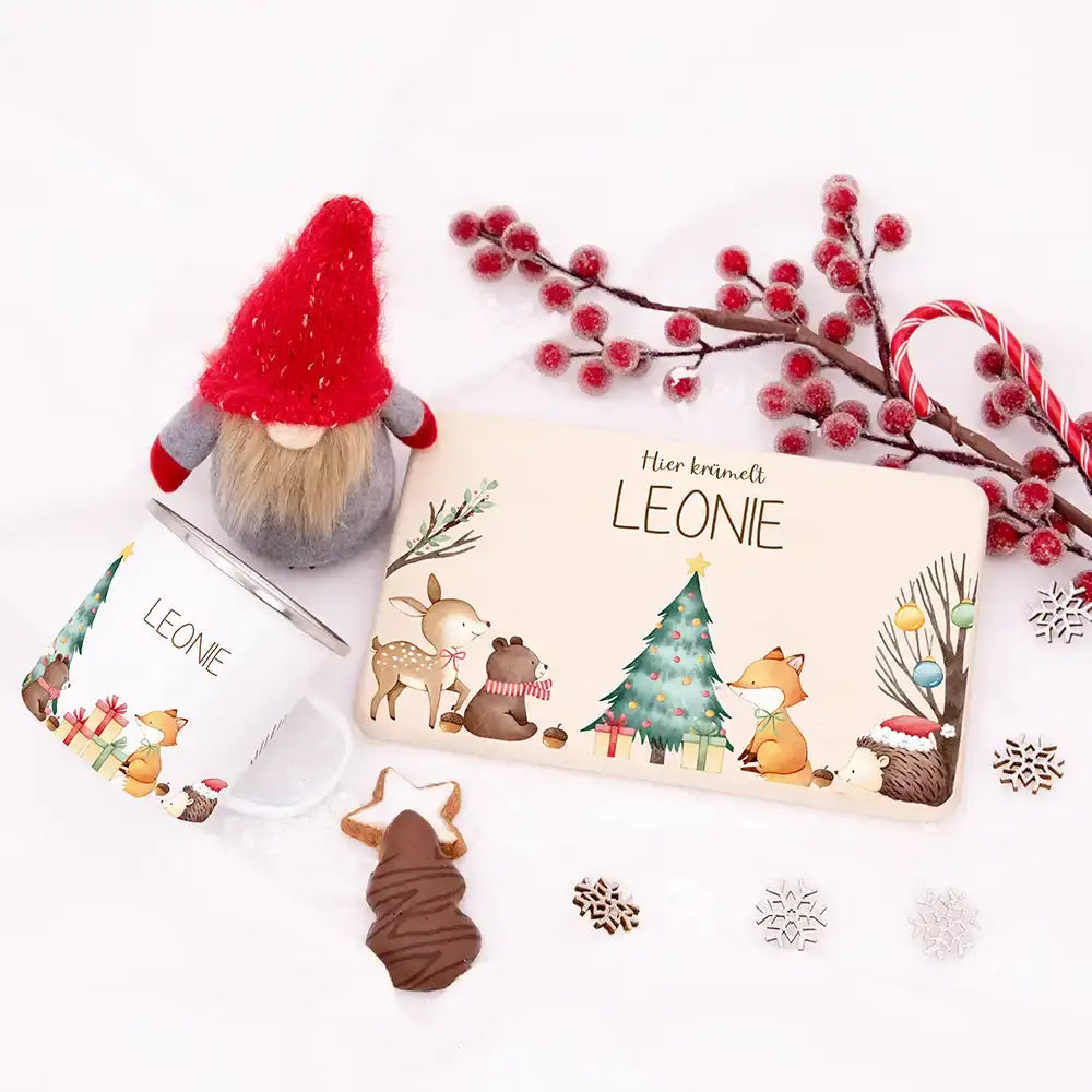 Weihnachts-Set Frühstücksbrettchen + Emaille Tasse - Fuchs am Weihnachtsbaum