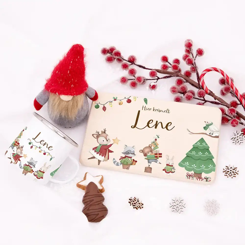 Weihnachts-Set Frühstücksbrettchen + Emaille Tasse - Tanzende Tiere
