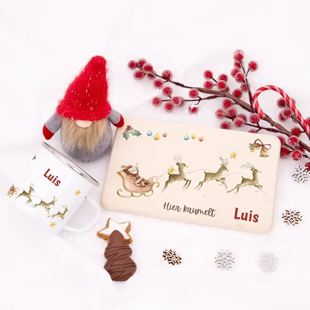 Weihnachts-Set Frühstücksbrettchen + Emaille Tasse - Rentier Schlitten