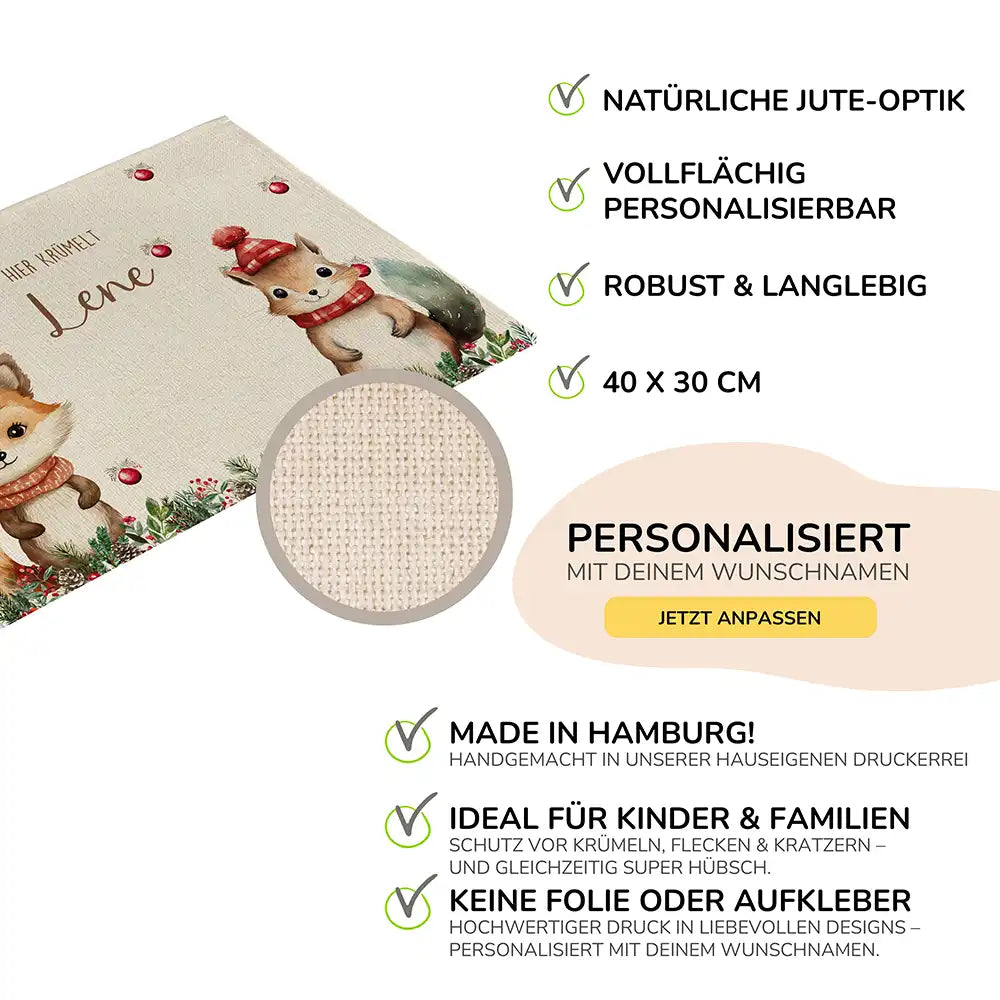 Tischset Kinder personalisiert Weihnachtsmotiv - Tierfreunde im Wald