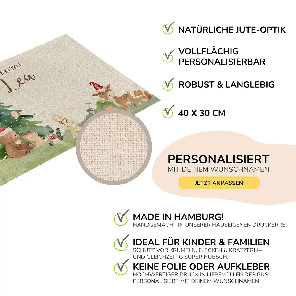 Tischset Kinder personalisiert Weihnachtsmotiv - Niedliche Waldtiere