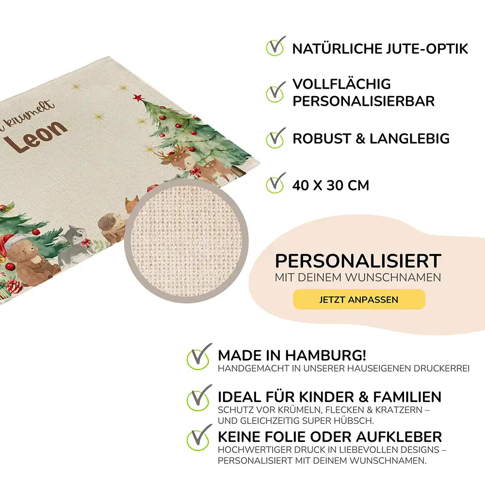 Tischset Kinder personalisiert Weihnachtsmotiv - Waldtiere