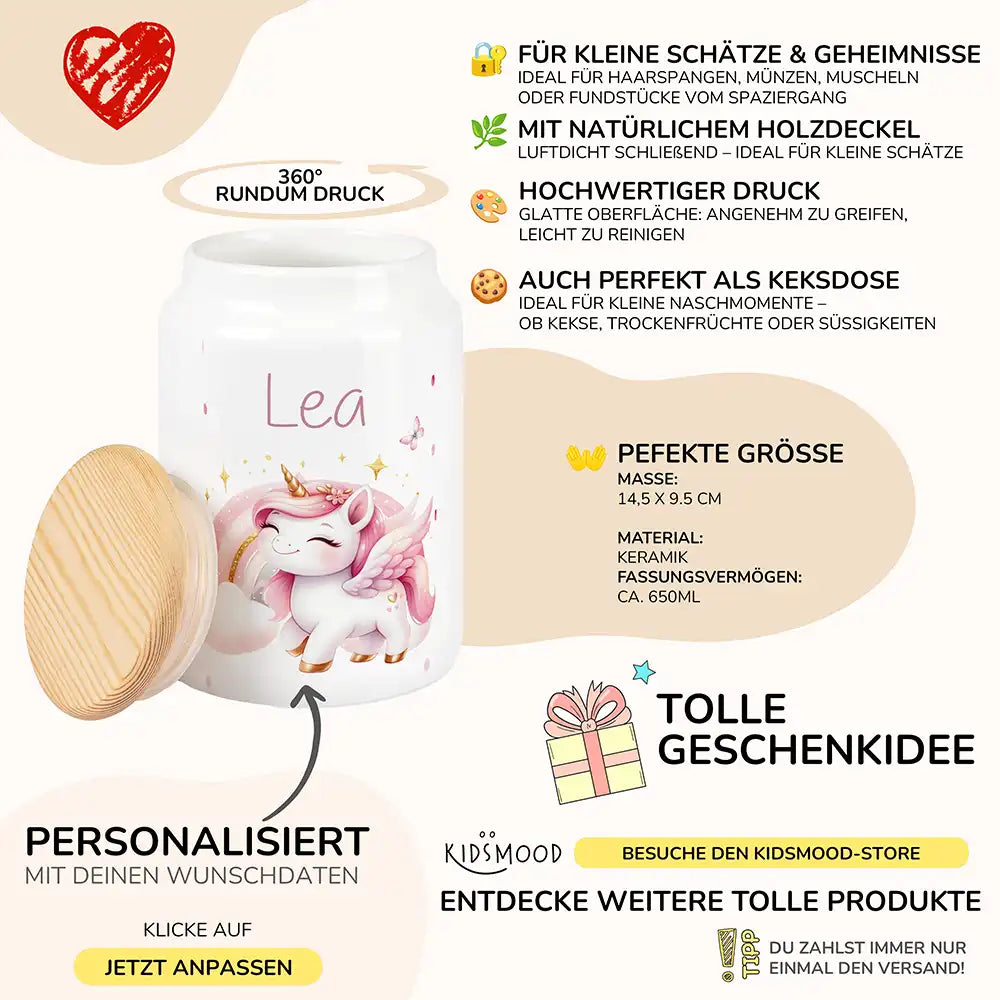 Personalisierbare Keksdose mit Name - Einhorn Regenbogen