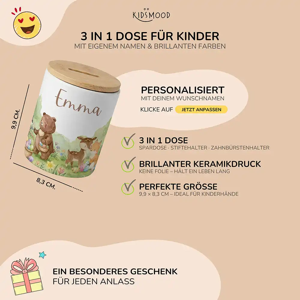 Personalisierte Spardose Ostern BĂ€renfamilie â Keramik & Bambus mit Wunschname