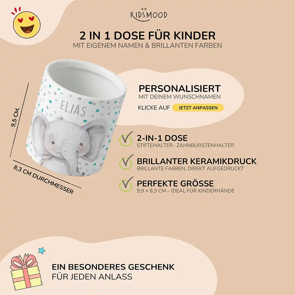 Personalisierter Stiftehalter Elefant Konfetti - liebevolle Geschenkidee fĂŒrs Kinderzimmer