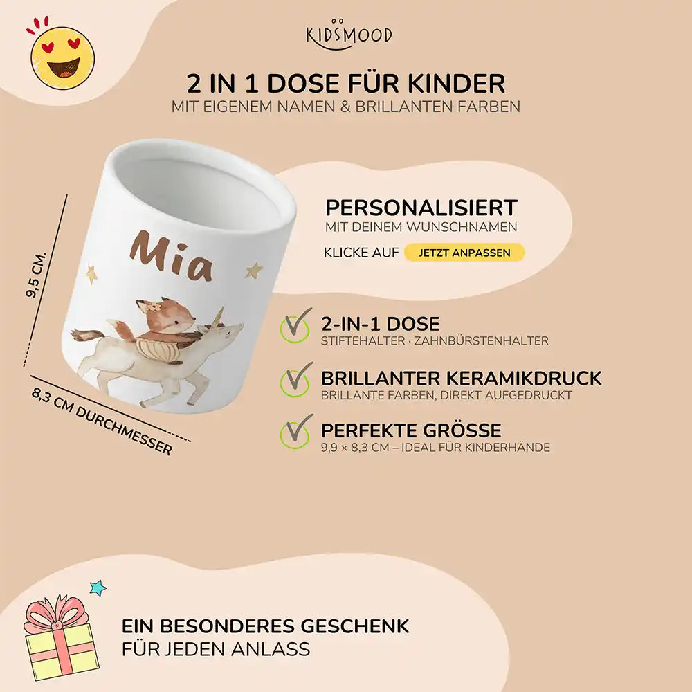 Personalisierter Stiftehalter Fuchs & Einhorn - liebevolle Geschenkidee fĂŒrs Kinderzimmer