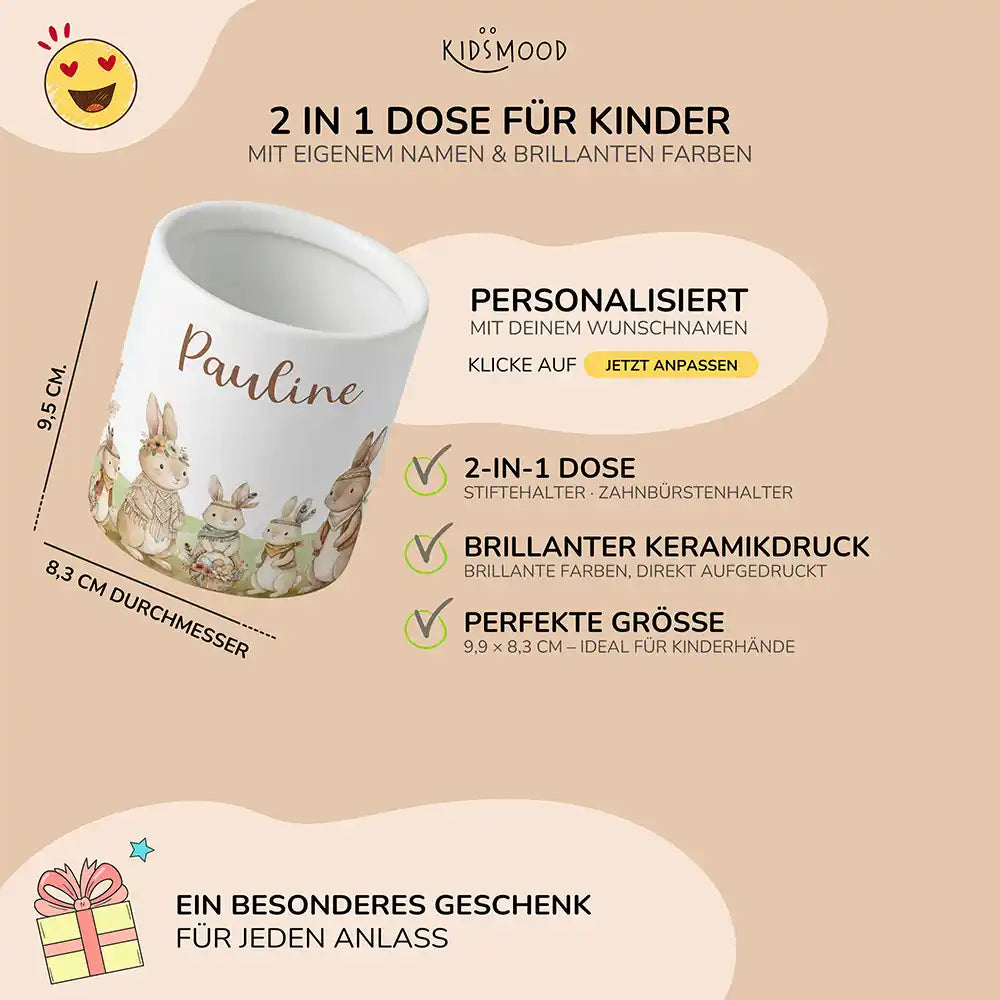 Personalisierter Stiftehalter Boho-Hasen - liebevolle Geschenkidee fĂŒrs Kinderzimmer